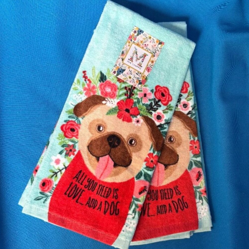 NEW ~ NWT 2 PACK PUGS / PUG ALL YOU NEED IS LOVE AND A DOG KITCHEN / HAND TOWELS